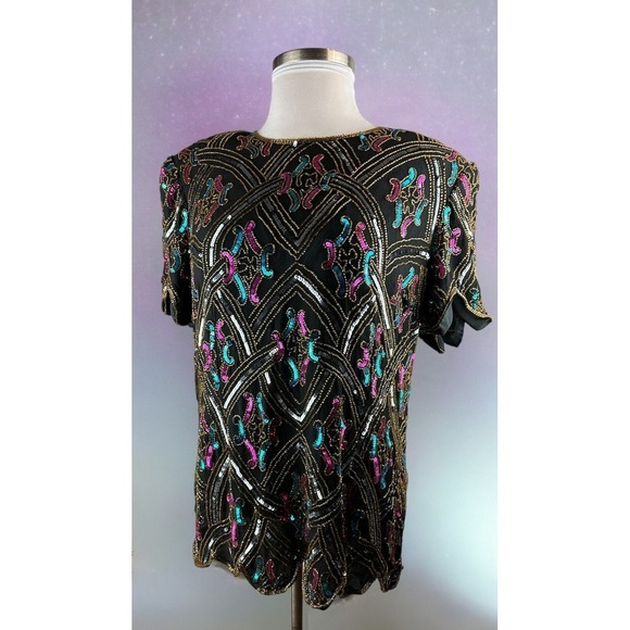 Vintage Papell Boutique Silk Sequin Beaded Embellished Top Black Plus Size 2X - Picture 12 of 12
